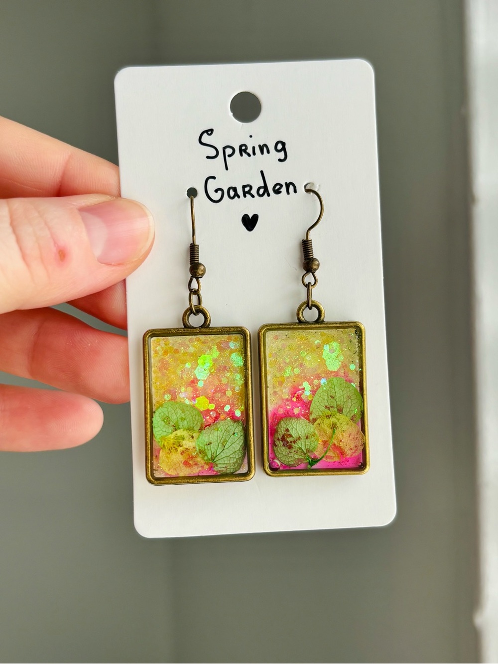 Spring Garden Resin Square Earrings Handmade Real Dried Flower Botanical